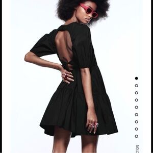 ZARA Open Back With Self Tie Dress Tiered Poplin Black Dress